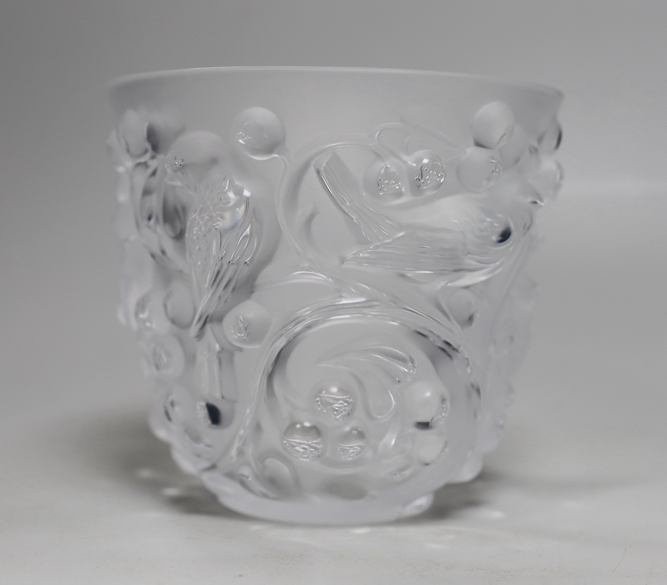 A Lalique Avallon glass vase with birds perching on fruiting branches, 14.5cm high
